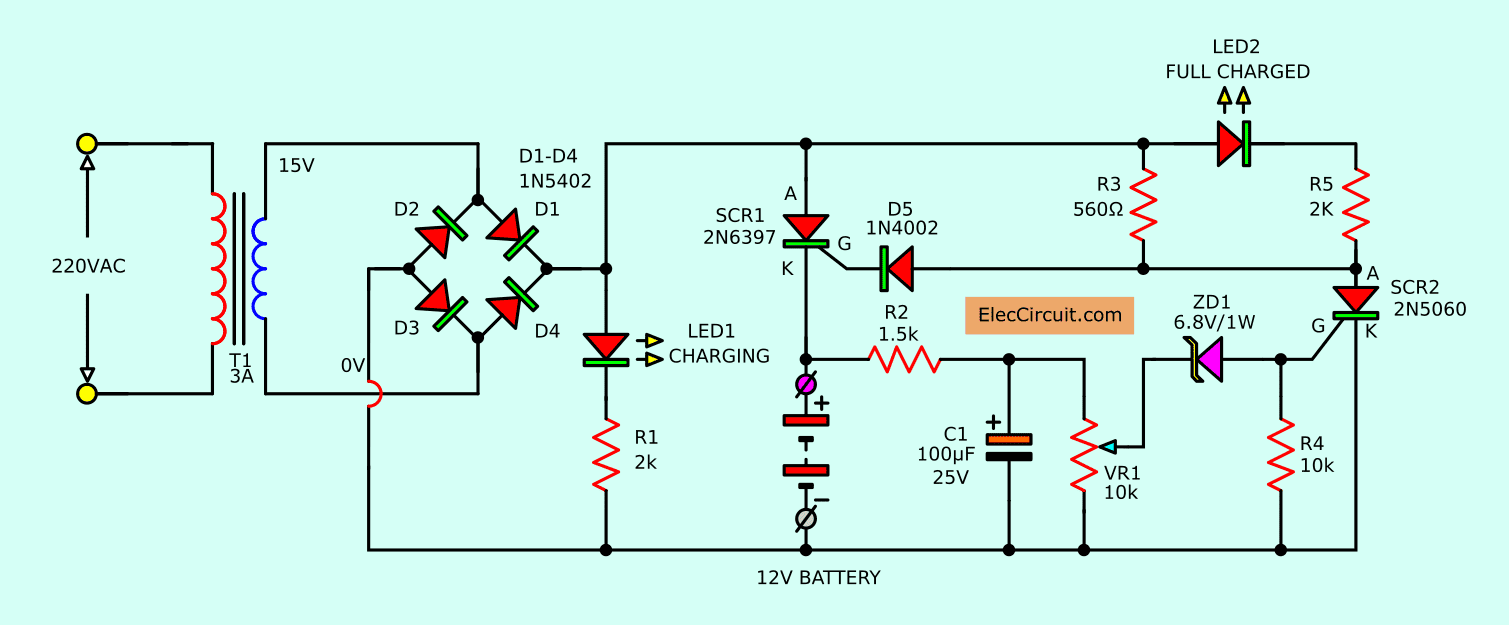 Automatic Battery Charger Circuit projects - ElecCircuit.com