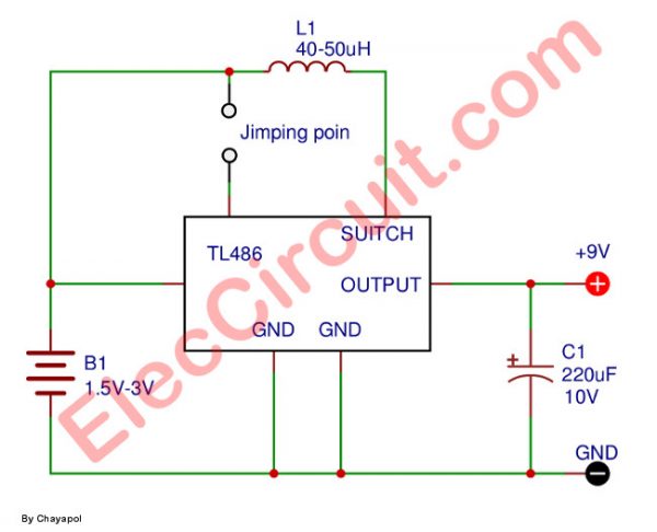 Small 3V or 1.5v to 9v step up dc converter using TL496