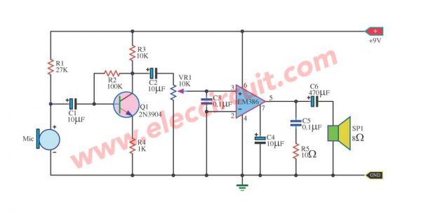 Megaphone circuit diagram using LM386