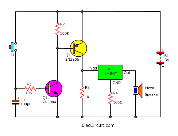 Melody generator circuit by IC- UM66T - ElecCircuit.com