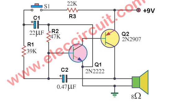 Simple siren circuit diagram using 2N2907 Transistor