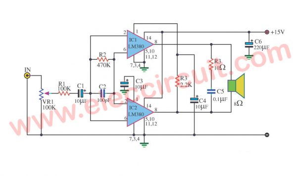 LM380-6W Bridge Power Amplifier Circuit