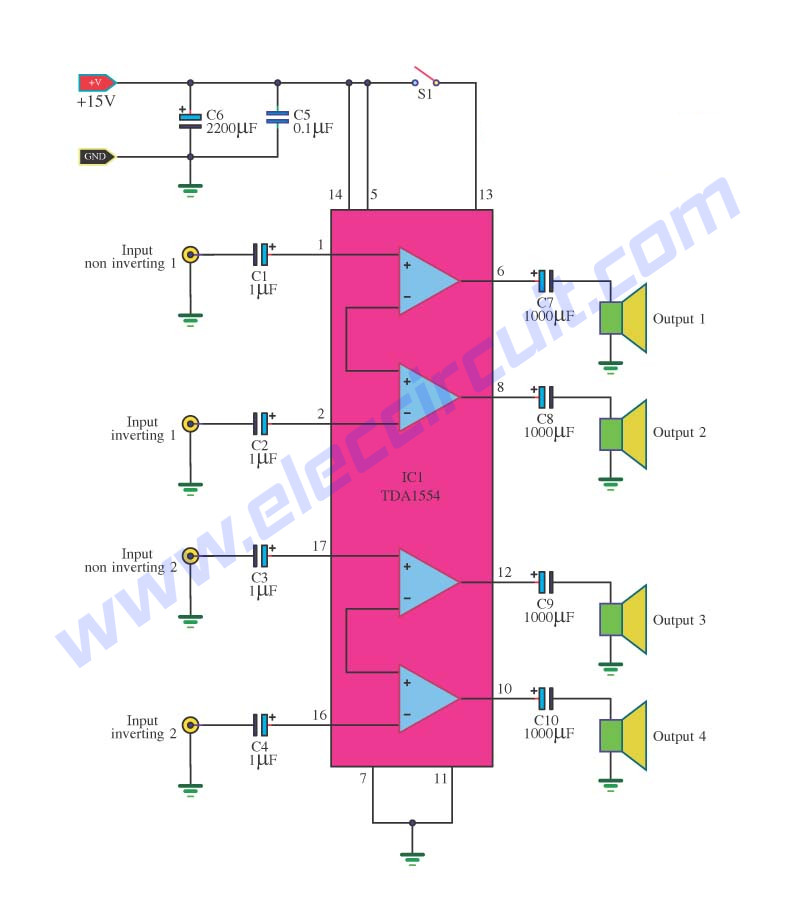 4 Channel Home Audio Amplifier 11 watt using IC TDA1554