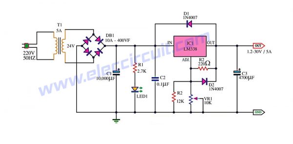 Adjustable power supply 1.2-30V 5A using LM338