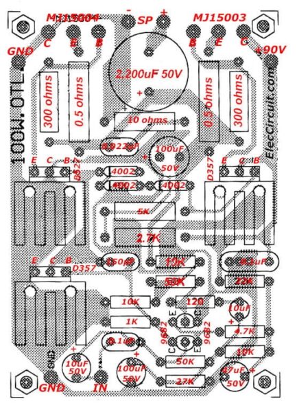 Components layout of OTL amplifier 100 watts