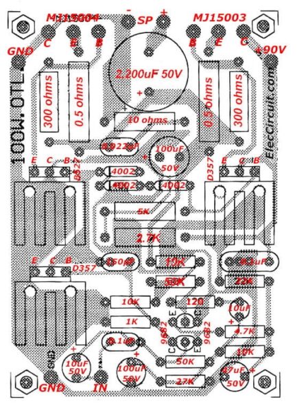 Components layout of OTL amplifier 100 watts