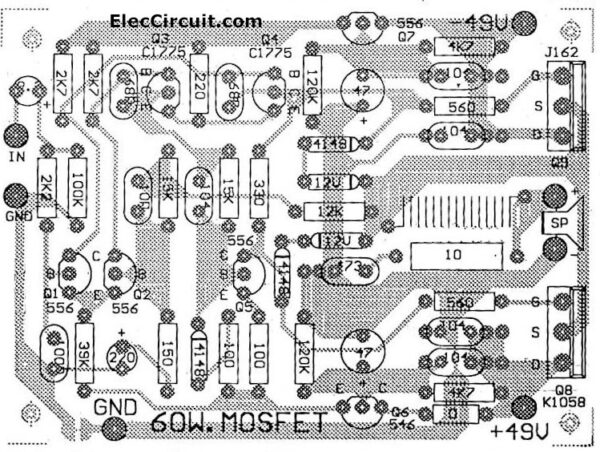 Components layout of MOSFET 60W Amplifier