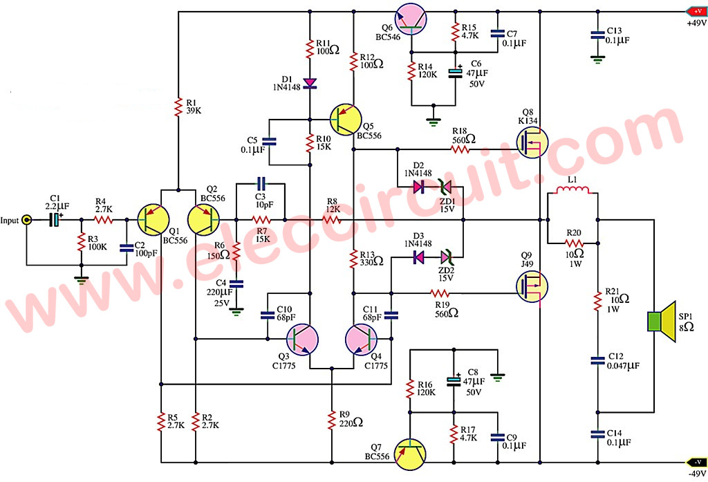 First Simple MOSFET Amplifier Circuit using 2SK134 & 2SJ49 | ElecCircuit