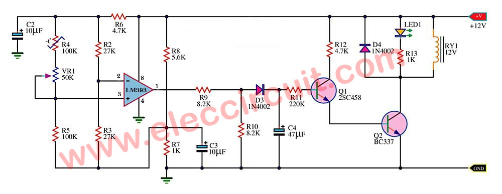 Temperature controlled on off relay circuit using LM393