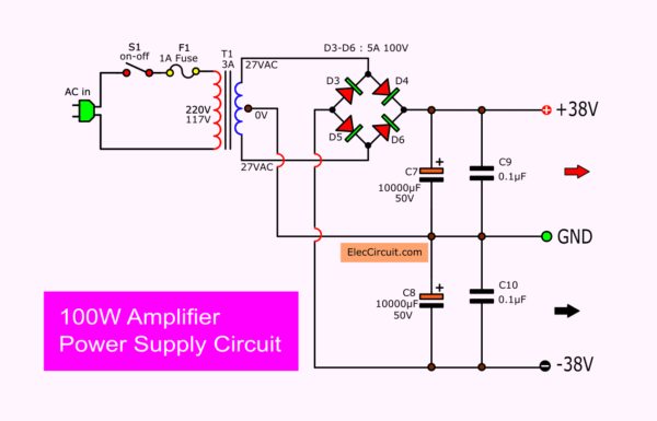 100W amplifier 38V dual power supply circuit diagram
