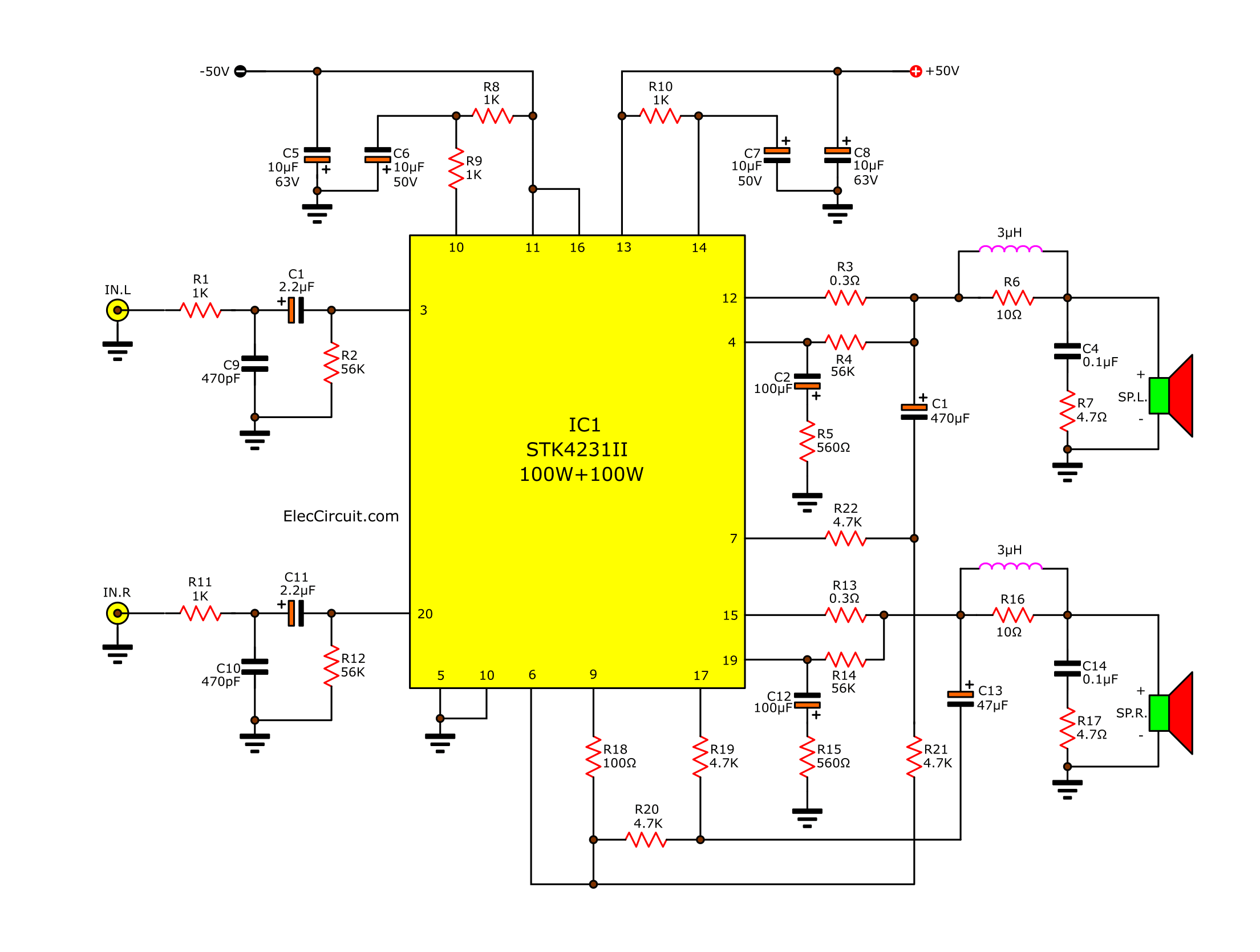 2 channel 100w stereo audio amplifier circuit by STK4231II