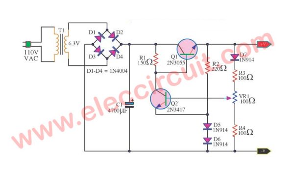 5 volts Linear Power Supply Regulator Using 2N3055