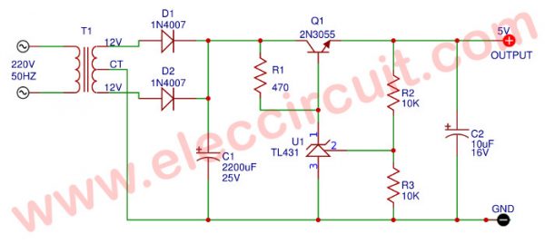 5V/ 0.5A Regulator using 2N3055-TL431