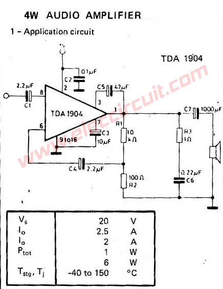 The Schematic Diagram of TDA1904 Audio Amplifier OTL 4W