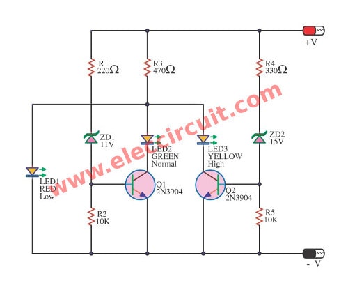 Integrated battery level indicator with 3 level led