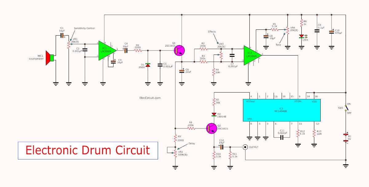 Simple electronic drum circuit using MC14046 - ElecCircuit
