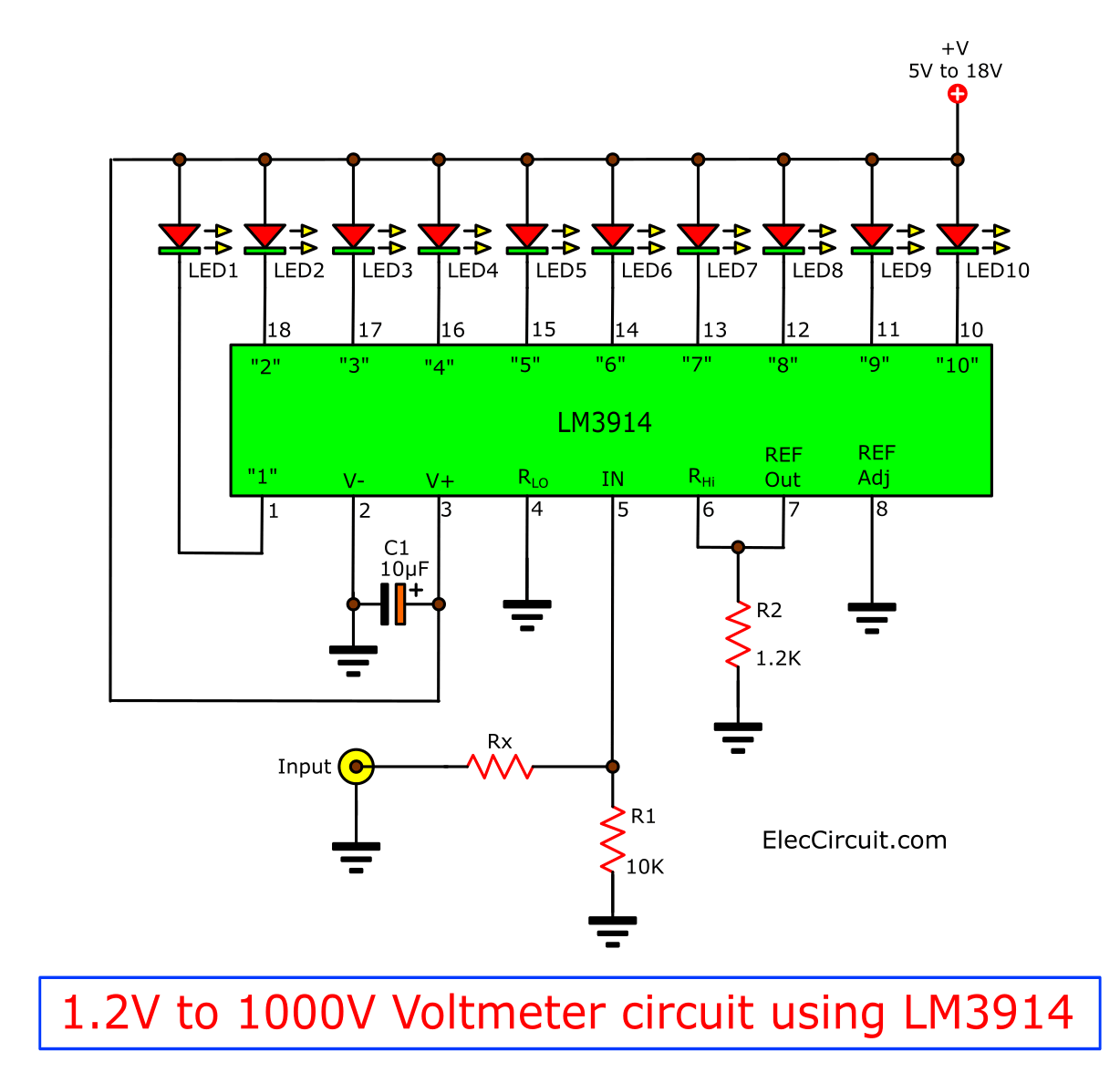 1.2V to 1000V Voltmeter circuit using LM3914