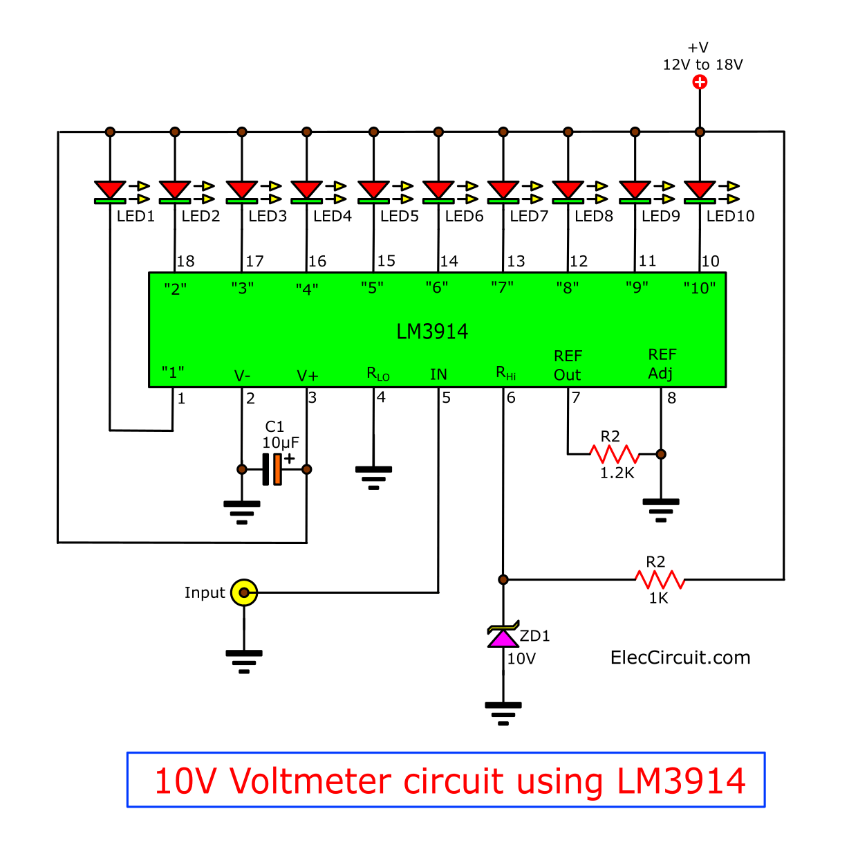 10V voltmeter circuit using LM3914 and Zener Diode