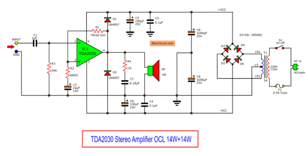 TDA2030 Stereo Amplifier OCL circuit diagram