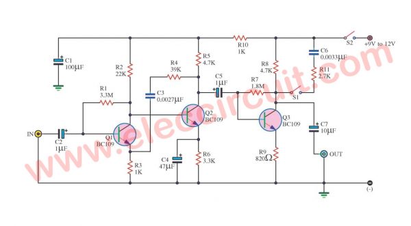 Cassette Preamplifier circuit using BC109 transistor
