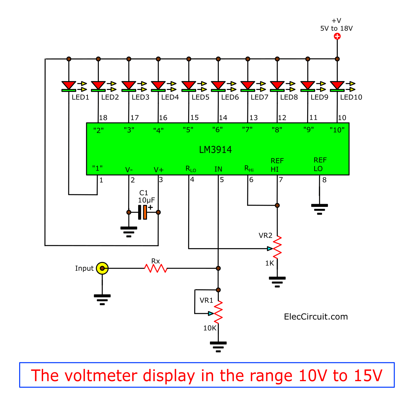 voltmeter display in range 10V to 15V