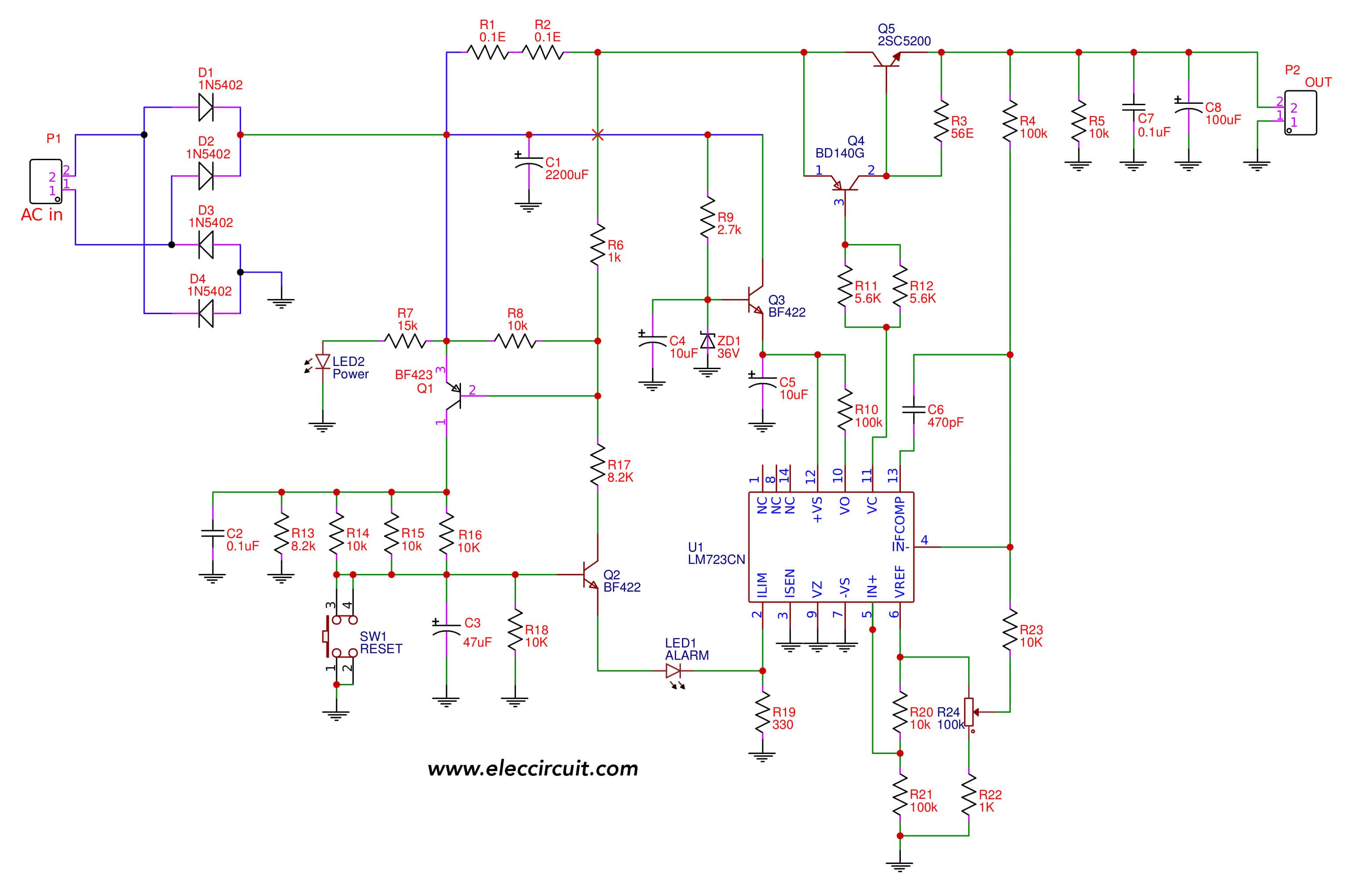 0-40V adjustable voltage regulator at 1A | ElecCircuit.com
