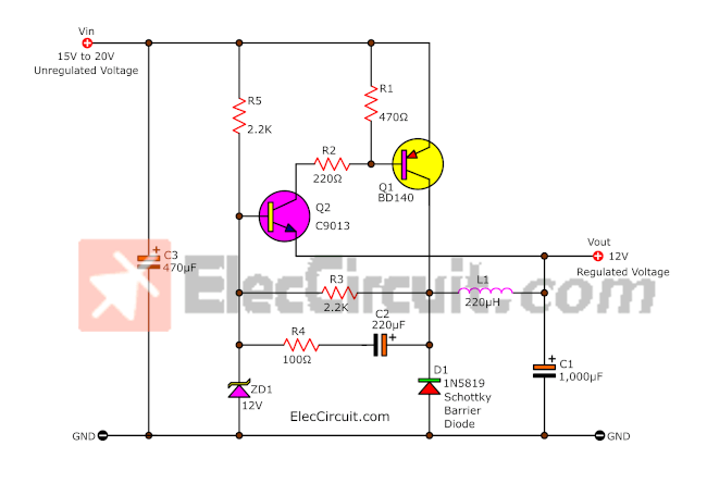 Simple 12V transistor switching power supply circuit