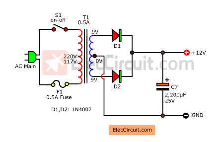 Simple 12V DC power supply circuit
