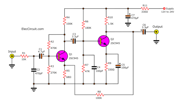 circuit diagram of two transistors Dynamic preamplifier