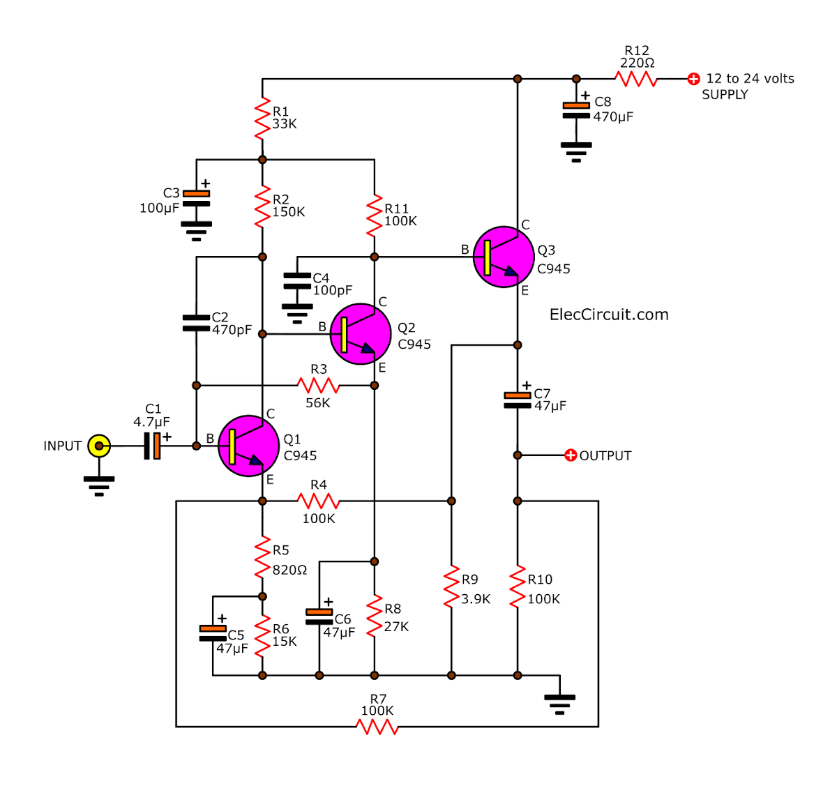 Transistors Dynamic Microphone Preamplifier Circuit with PCB