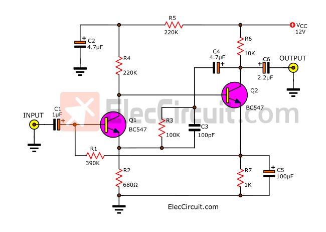 dynamic microphone preamplifier circuit using transistors BC547