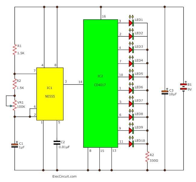 LED Chaser circuit by IC 4017 + IC 555 -Eleccircuit.com