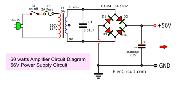 56V Power supply for 50W amplifier integrated audio amplifier circuit