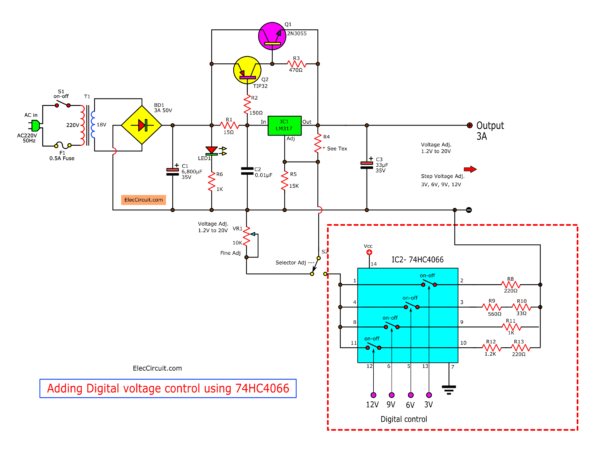Adding digital voltage control for 3A-LM317-2N3055 power supply project