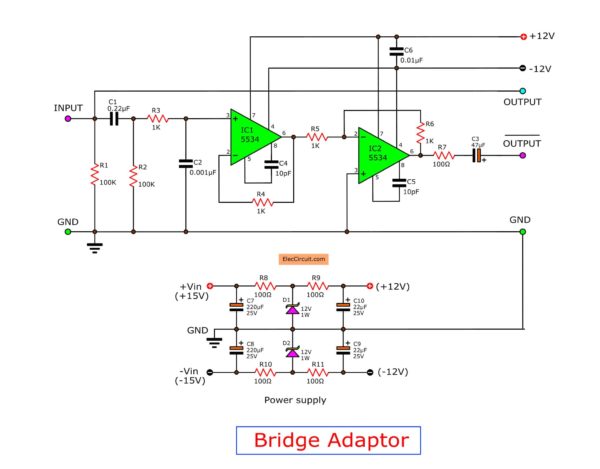 Bridge adapter circuit, stereo to high power mono amplifier