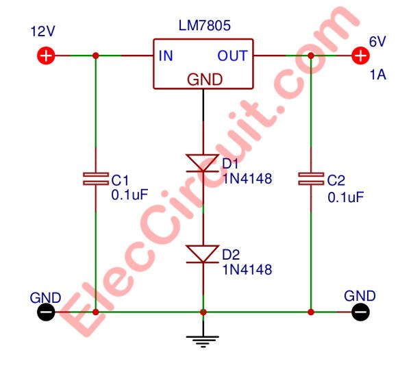 step down 12 volts to 6 volts DC converter using 7805 and diodes