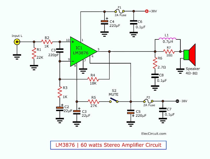 LM3876 | 60 Watt Amplifier Circuit in Stereo | ElecCircuit.com