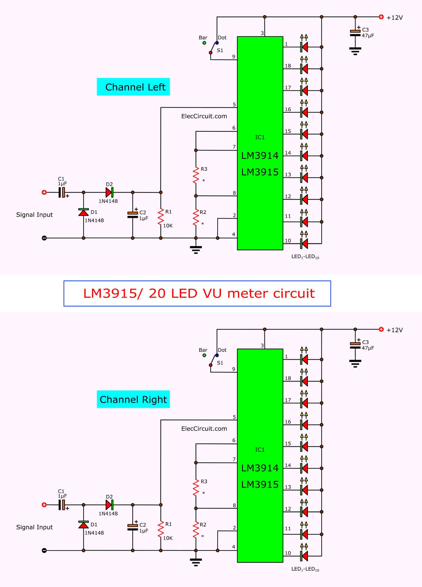  VU meter circuit Stereo 20 LED with PCB ElecCircuit com