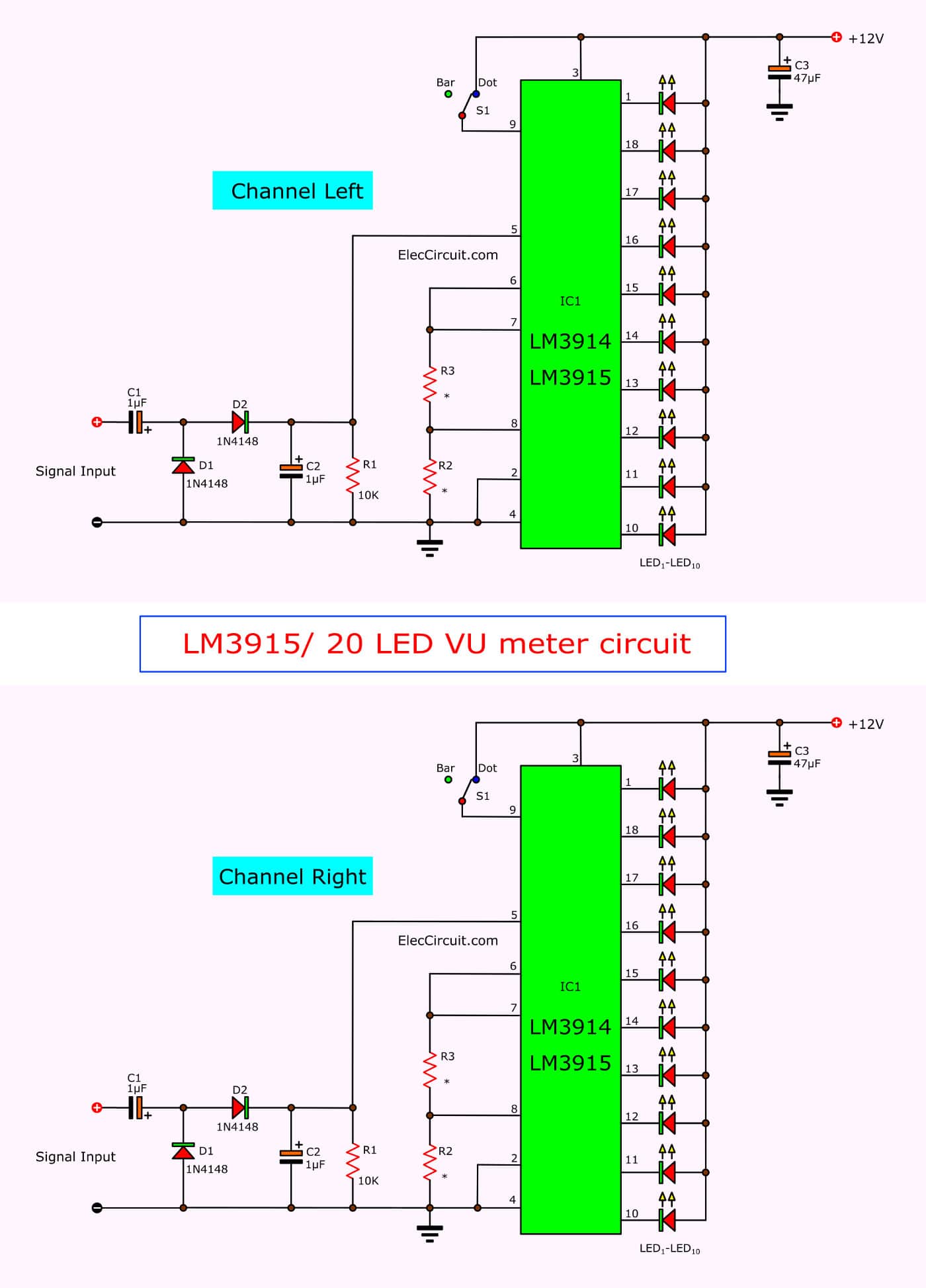 VU meter circuit Stereo 20 LED with PCB ElecCircuit com VU meter circuit Stereo 20 LED with PCB ElecCircuit com