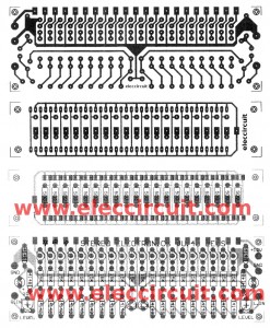 the PCB layout and the components layout of the 20 LED cheap electronic VU-meter using transistor