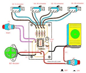 the PCB layout of 5-30 minuts timer alarm circuit using IC555