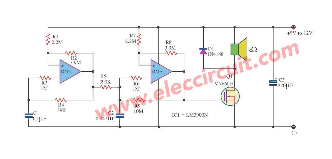Two tone alarm circuit using LM3900