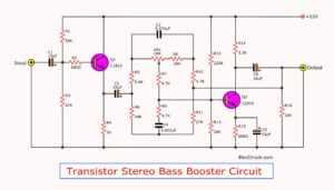 Transistor stereo bass booster circuit
