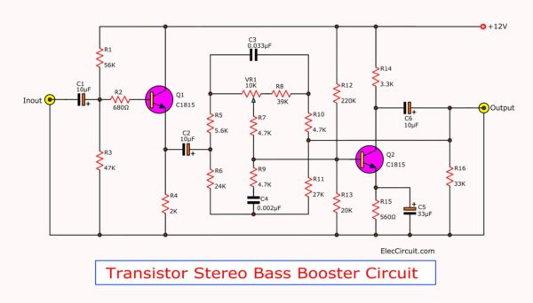 Transistor stereo bass booster circuit