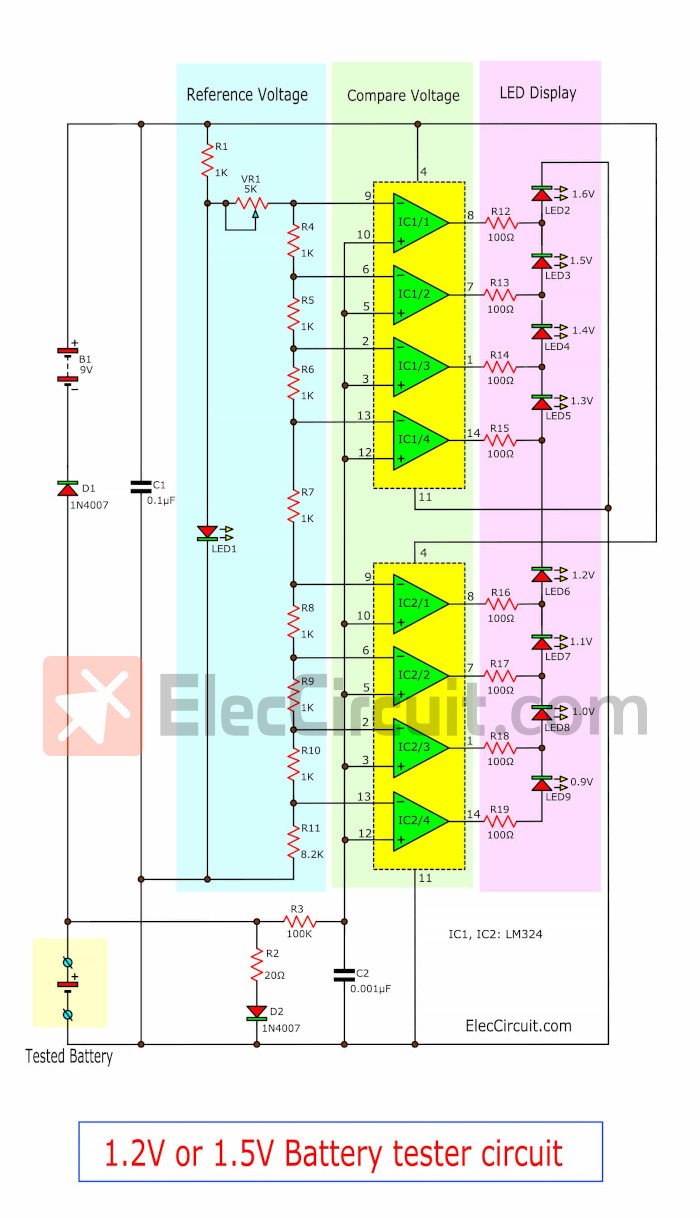 1.2V or 1.5V battery tester circuit using LM324