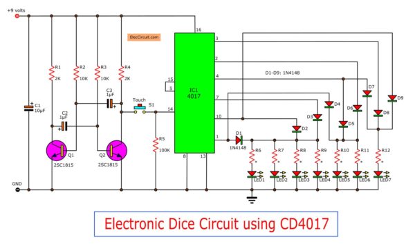 Electronic dice circuit using CD4017