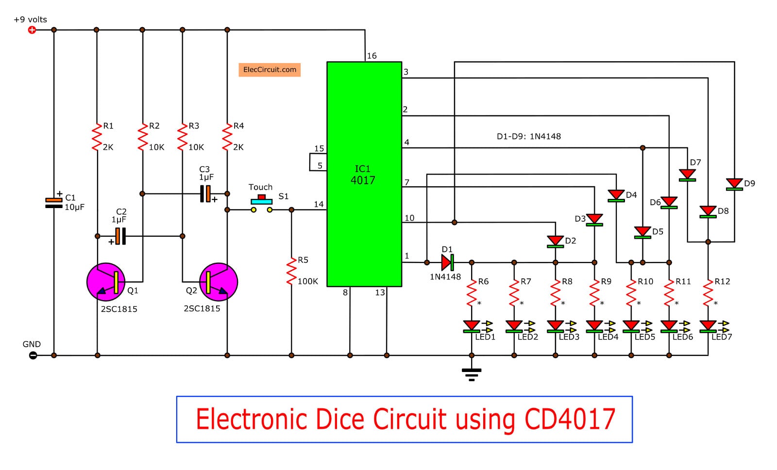 Electronic dice circuit using CD4017