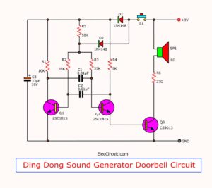 Ding Dong sound generator doorbell circuit using transistors