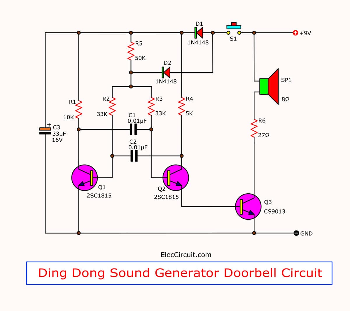 the circuit diagram of the two tone door buzzer using transistors