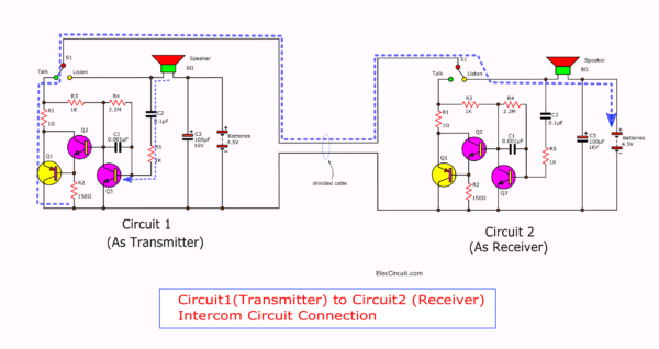 Transmitter to receiver intercom connection circuit